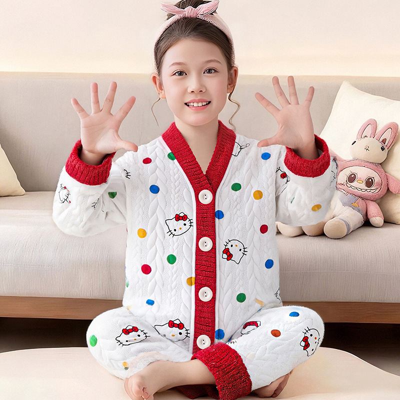 凯蒂猫儿童睡衣女童睡裤秋冬季加厚款三层保暖夹棉女孩中大童加棉