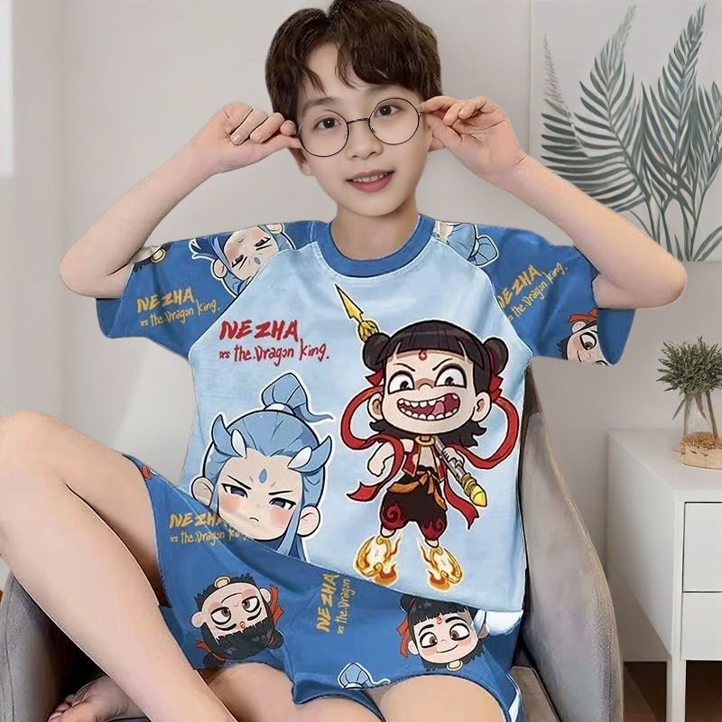 套头睡衣夏季纯棉短袖家居服夏薄空调服3小孩子5哪吒敖丙7岁男童9