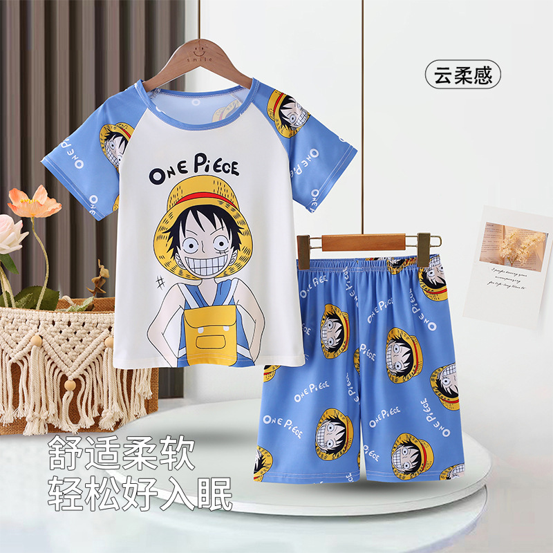 儿童睡衣男宝夏季薄款短袖套装小孩子洋气中大童路飞海贼王家居服