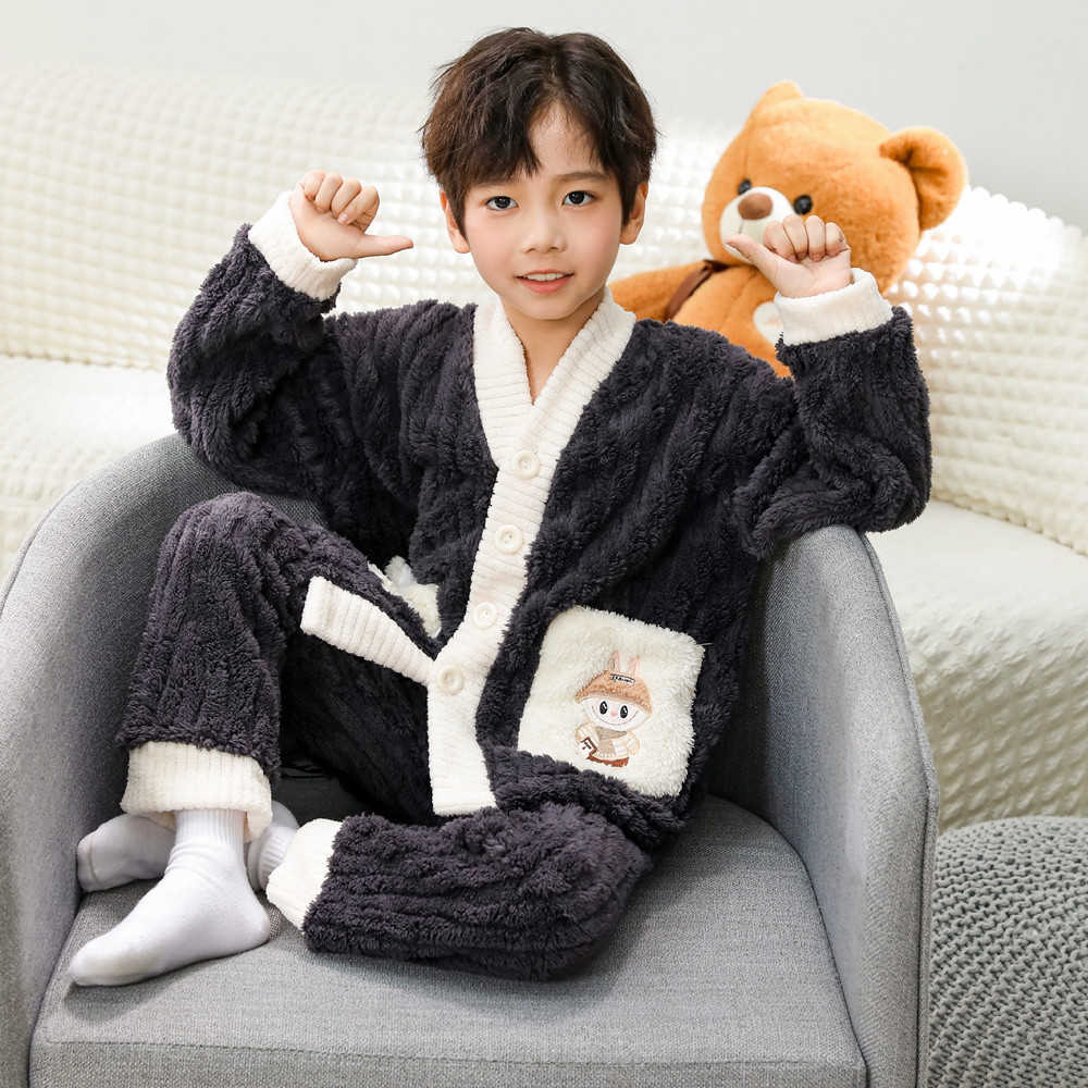 拉布布儿童睡衣男童珊瑚绒秋冬装中大童开衫男孩法兰绒家居服套装