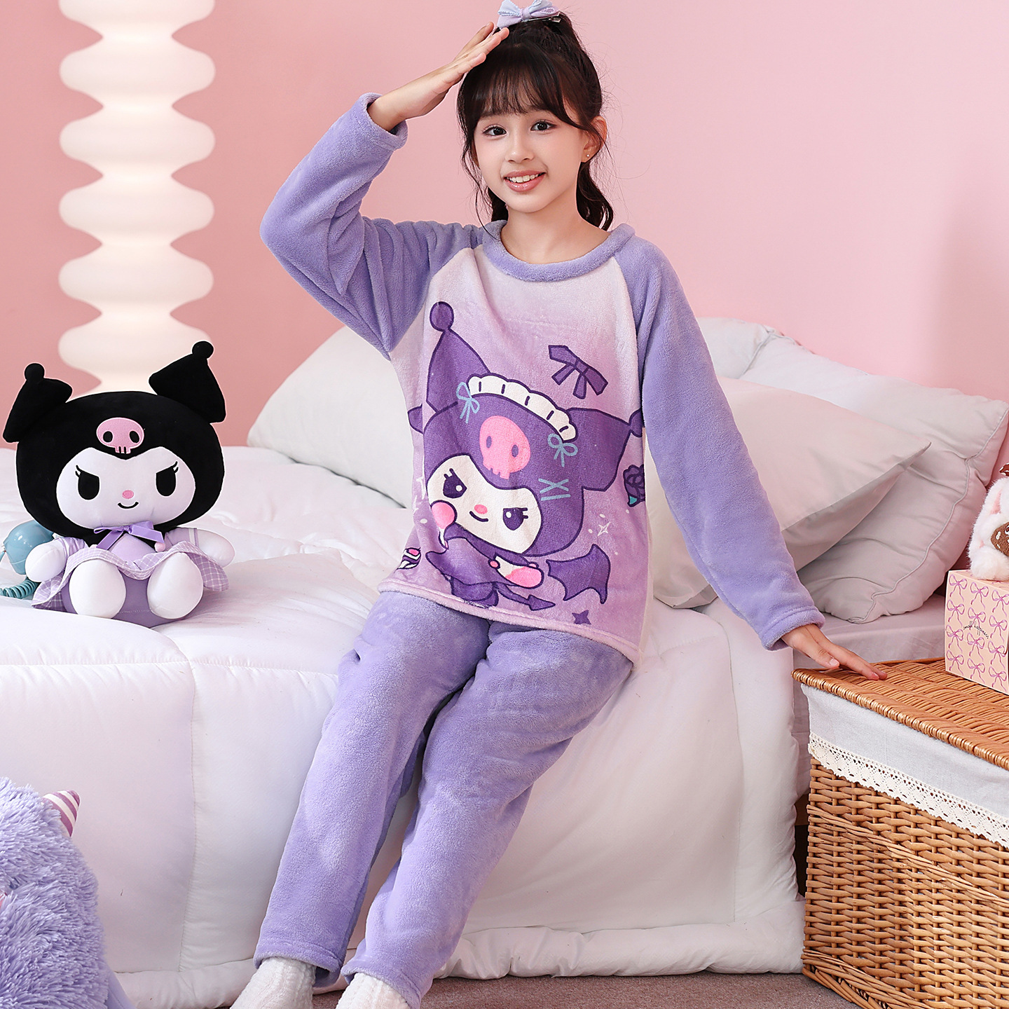 库洛米新款儿童睡衣秋季冬天女童珊瑚绒女孩子中大童短毛绒家居服