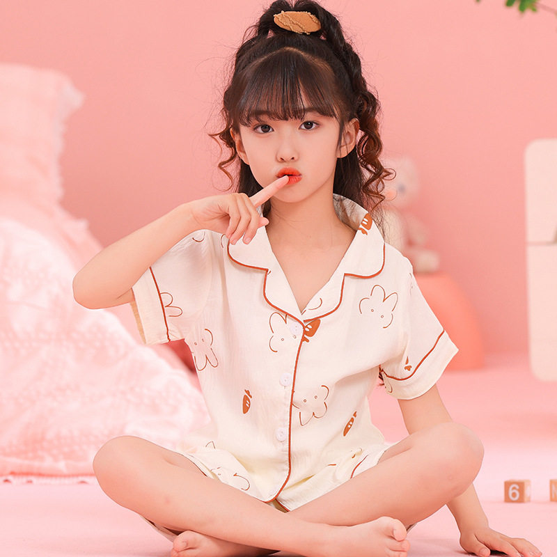 小兔子童装 夏季女孩儿童睡衣薄款2026新款空调服3-5-7-9岁中大童