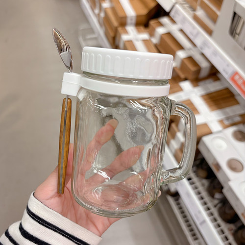 燕麦玻璃杯带勺把手杯带盖梅森杯