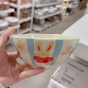 治愈系奶油色早餐甜品碗'苹果与兔子'高温烧制手工贴花陶瓷沙拉碗