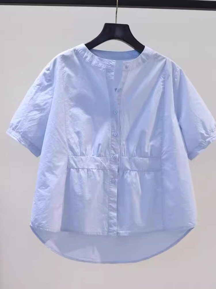 작은 신선한 라이트 블루 코튼 셔츠 여성 라운드 넥 반팔 허리 셔츠 2024 여름 한국 스타일 다목적 루즈 탑
