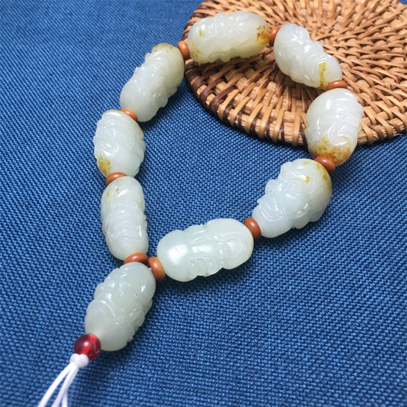 新疆和田玉青白玉籽料十八罗汉精雕手链手持件手工雕刻附证书