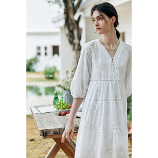 HeyDress白色連衣裙女秋季 初戀裙子 蕾絲拼接領(lǐng)娃娃裙海邊度假短款