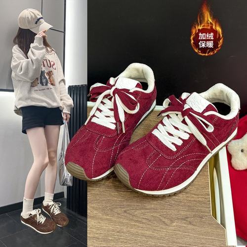 加绒保暖红色复古德训鞋女2025新款秋冬厚底运动鞋休闲二棉鞋