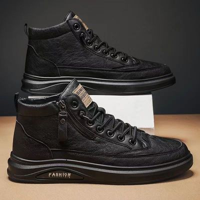 秋季新款潮流高帮休闲鞋子男款侧拉链板鞋韩版百搭学生中帮皮靴