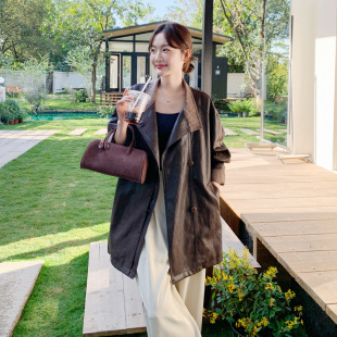 格纹拼接PU皮衣外套2026春 官方实拍复古气质款 罗芬 故事面料女装