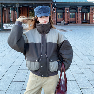 罗芬 故事面料女装官方实拍时髦针织羊羔毛拼接短棒球服羽绒服202