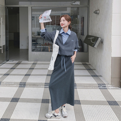 罗芬 故事面料女装官方实拍灰色假两件衬衫拼接卫衣套装裙女秋季2