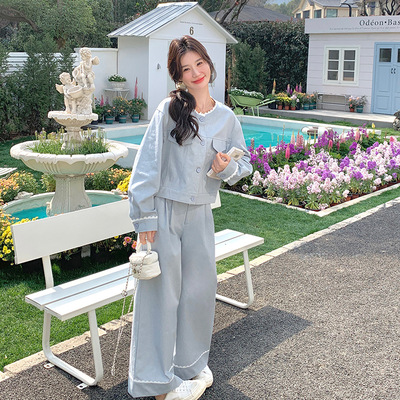 罗芬 故事面料女装官方实拍蕾丝花边拼接浅蓝色阔腿裤套装女春秋