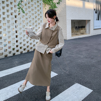 罗芬 故事面料女装官方实拍卡其色马甲套装裙女春秋2025新款设计