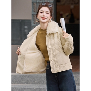 新款 罗芬 2025冬季 官方大毛领加绒加厚皮衣女士短款 故事面料女装