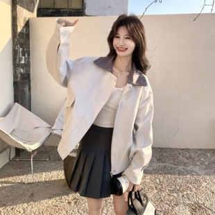 罗芬 故事面料女装官方实拍白色休闲风撞色翻领短款外套2026春款