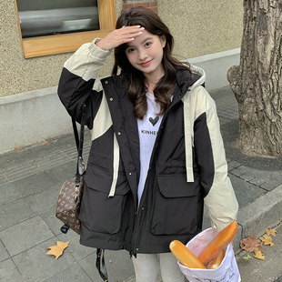 罗芬 故事面料女装官方实拍黑色拼色轻暖连帽羽绒服2025冬韩版宽