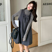 女款 罗芬 套装 官方灰色立体蝴蝶结方领背心裙打底衫 故事面料女装