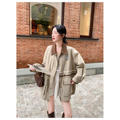罗芬 故事面料女装官方实拍卡其色休闲学院风贴标撞色翻领风衣女2