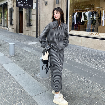 罗芬 故事面料女装官方实拍韩里韩气条纹卫衣休闲运动套装女春秋