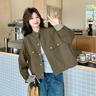 外套202 官方实拍韩系慵懒chic撞色格子拼接短款 罗芬 故事面料女装