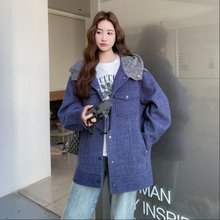 罗芬 故事面料女装官方实拍工装风撞色连帽休闲羊毛外套2025秋冬