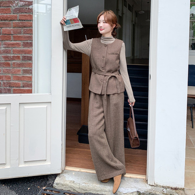 罗芬 故事面料女装官方实拍咖色复古收腰西装马甲阔腿裤套装2025