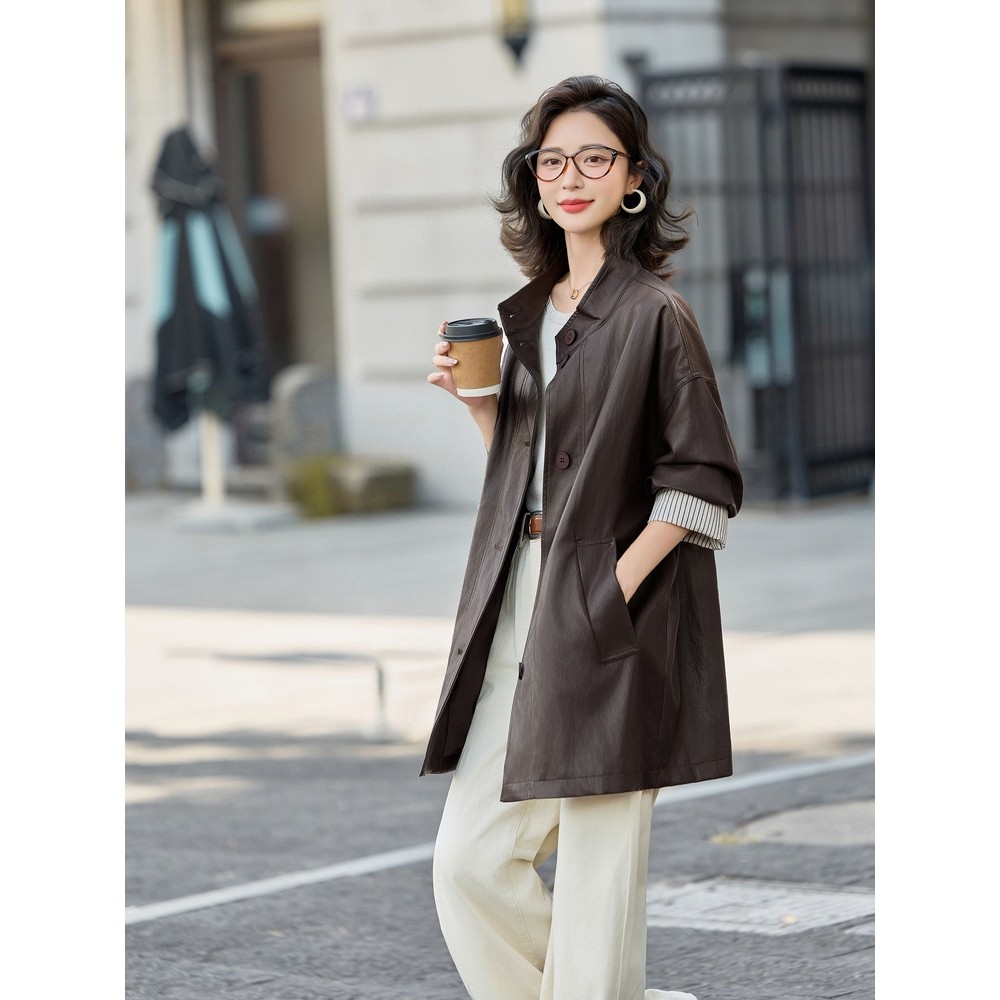 罗芬 故事面料女装官方高级感宽松皮衣夹克外套女2025秋季新款时