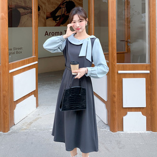 连衣裙2026春款 官方实拍甜美系带假两件长袖 撞 故事面料女装 罗芬