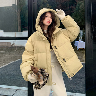 罗芬 故事面料女装官方实拍黄色甜美减龄牛角扣白鸭绒羽绒服短外