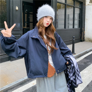 罗芬 官方实拍藏青色简约韩系休闲下摆抽绳短外套202 故事面料女装