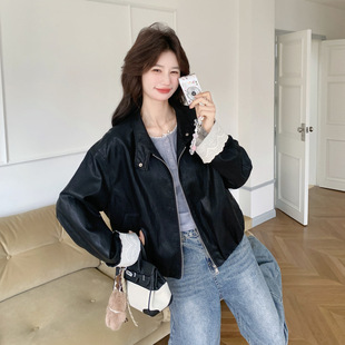 罗芬 官方实拍黑色韩系chic撞色蕾丝花边PU皮外套202 故事面料女装