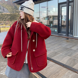 罗芬 故事面料女装官方实拍时尚撞色针织连帽短款毛呢外套2025新