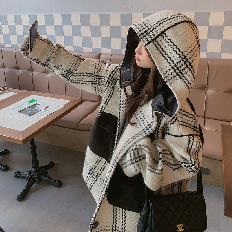 罗芬 故事面料女装官方实拍2025秋冬韩版宽松连帽格子毛呢外套女,女装/女士精品,羽绒服,淘宝优惠券,粉丝福利购,淘宝优惠卷