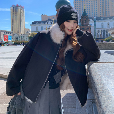 罗芬 故事面料女装官方实拍韩系慵懒风两面穿仿羊羔毛派克服2025