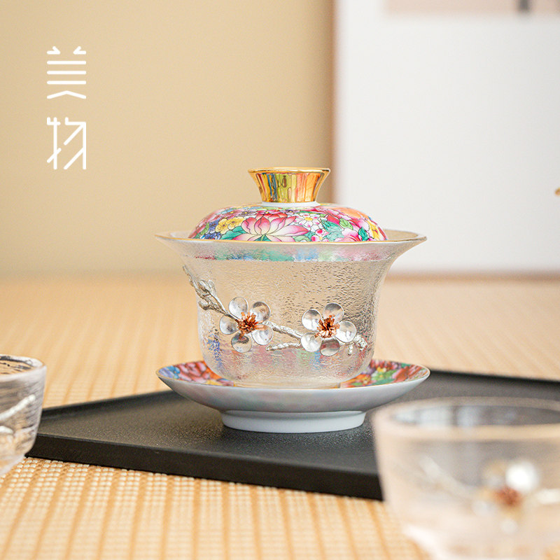 瓘玉水晶三才盖碗透明玻璃珐琅彩单个盖碗茶杯轻奢功夫茶具套装