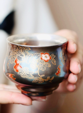 福禄万代鼓形杯鎏银杯侘寂美学银上作画高端陶瓷家用品茗杯瓷包银