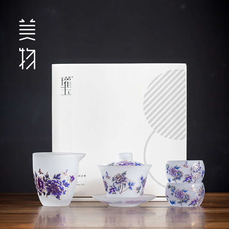 瓘玉水晶玻璃花开富贵盖碗茶杯茶具套装悬停三才盖碗泡茶碗礼盒装