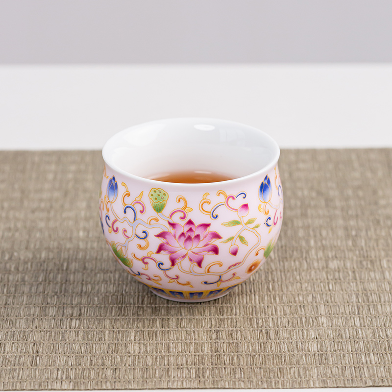 珐琅彩茶杯粉色主人杯陶瓷缠枝莲品茗杯复古茶盏女士个人专用杯子