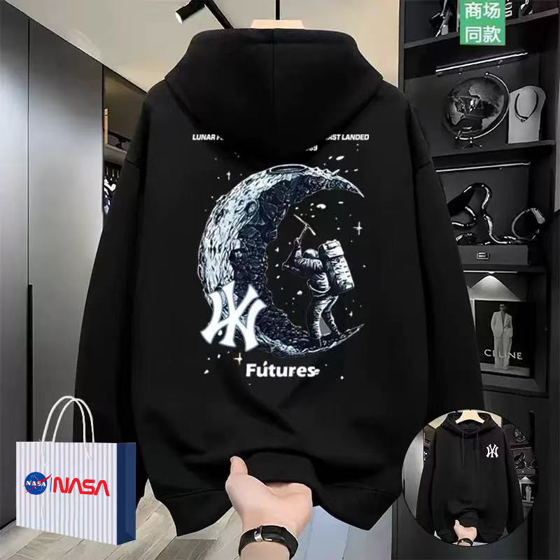 NASA联名2025秋冬季上衣高中生加大码宽松加绒连帽卫衣男印花长袖