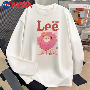NASA联名美式纯棉长袖t恤男青少年潮牌春秋季薄款宽松白色打底衫