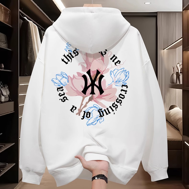 NASA联名加绒男装连帽卫衣秋冬港味宽松加大码印花套头衫外穿上衣