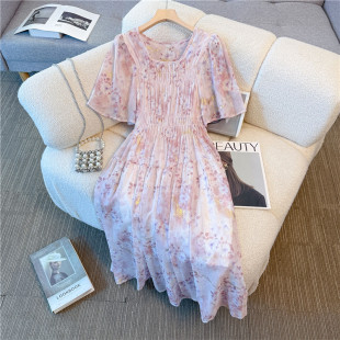 短袖 夏季 女装 大码 雪纺连衣裙胖mm宽松显瘦烫金显白碎花裙高腰 新款