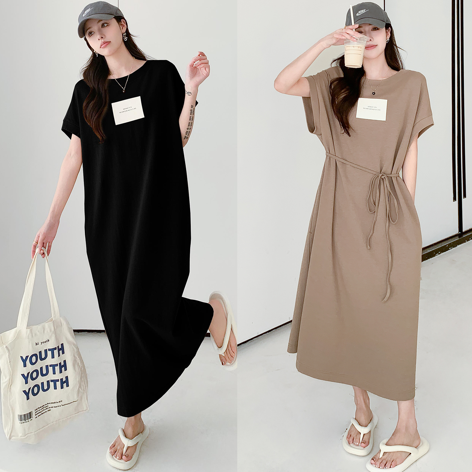 2024春夏上新/简约字母大码连衣裙宽松束腰T恤裙OP长裙