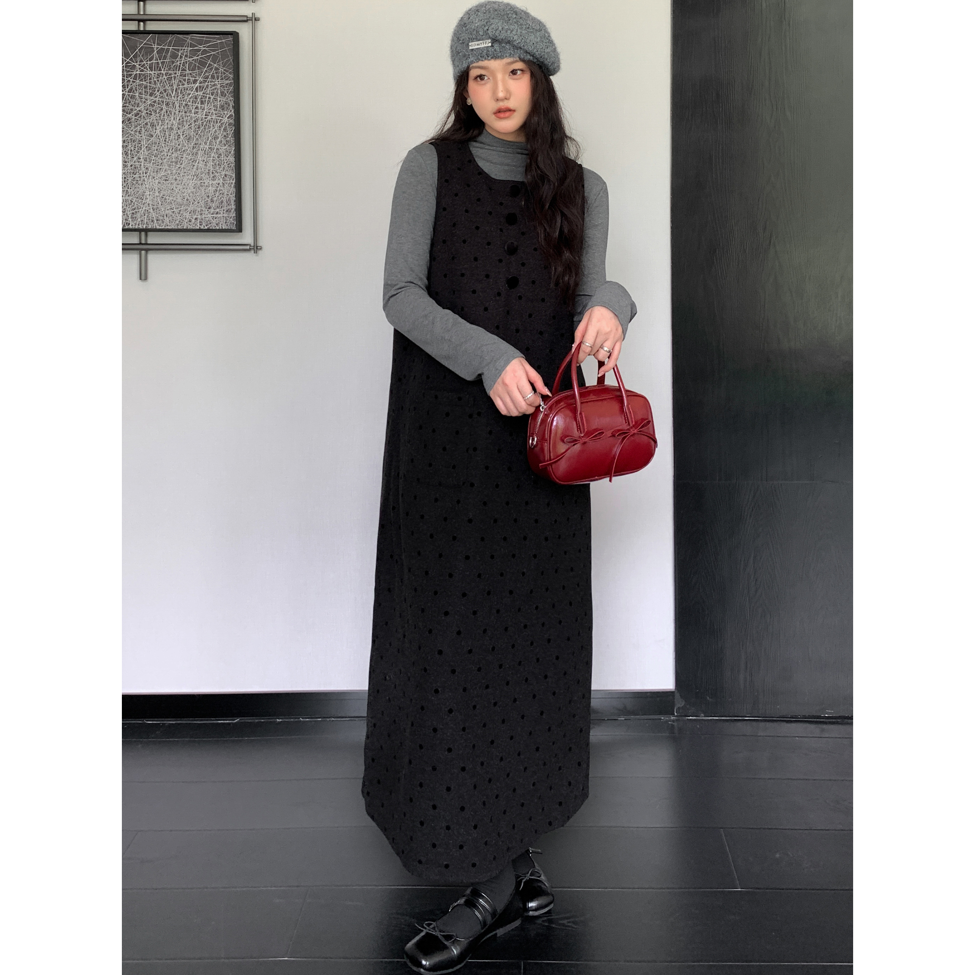 大码女装黑色波点背带裙