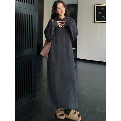 慵懒超长针织裙连帽毛衣连衣裙