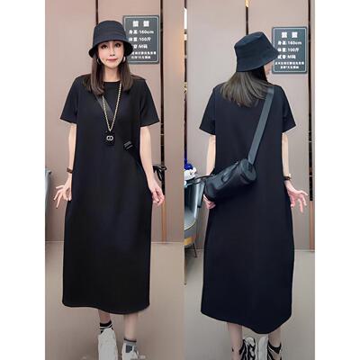 夏款高定哥特长短袖小黑裙时尚百搭休闲垂顺气质通勤大码连衣裙女