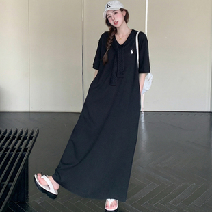 夏季新款大码女装胖mm宽松显瘦带披肩休闲T恤连衣裙遮肚子长裙