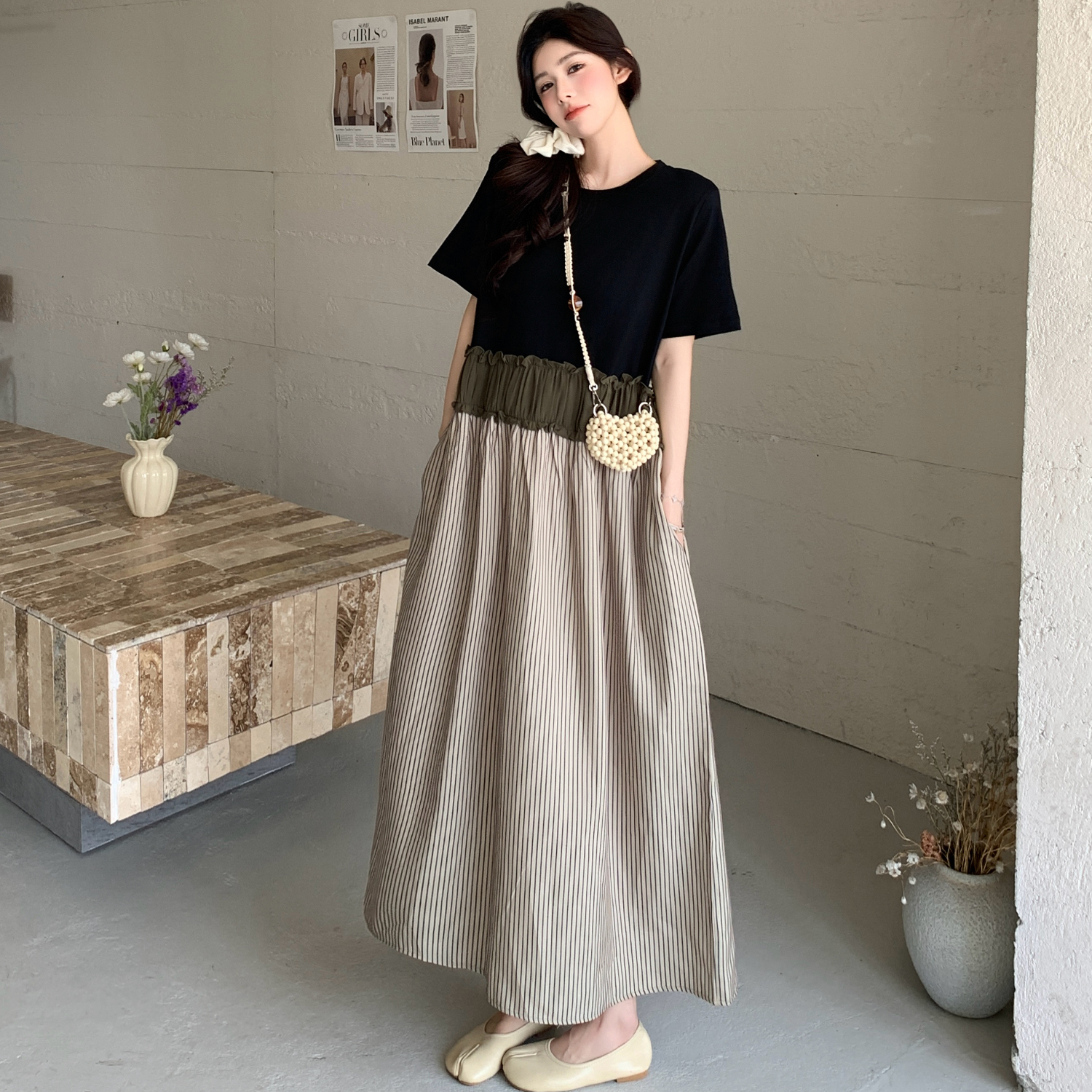 夏季新款大码女装拼接木耳边撞色连衣裙宽松显瘦休闲气质褶皱裙子