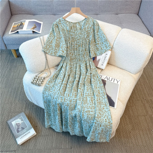 胖mm复古气质松紧高腰遮肉显瘦200斤短袖 夏季 女装 大码 连衣裙 新款